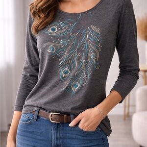 Karen Scott Charcoal Top with Blue Feather Design
